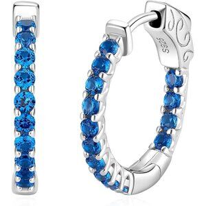 925 Sterling Silver Blue Sapphire CZ Huggie Hoop Earrings NWT
